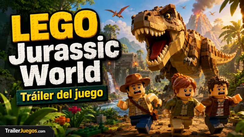 LEGO Jurassic World con dinosaurio y personajes en una aventura de jungla para el tráiler del juego