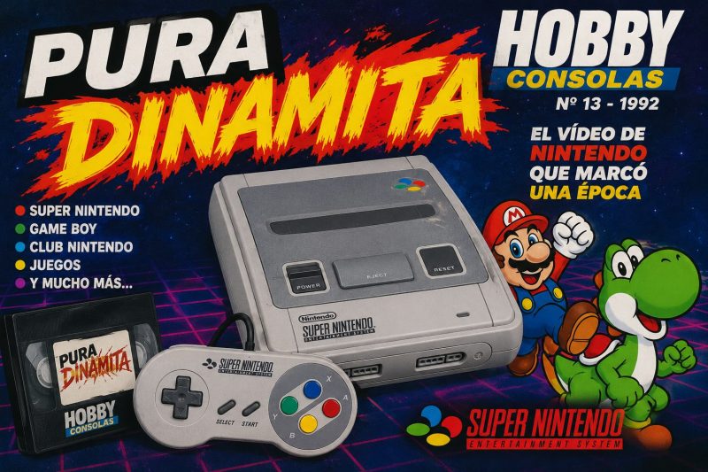 Imagen retro inspirada en el VHS Pura Dinamita de Super Nintendo publicado con Hobby Consolas en 1992