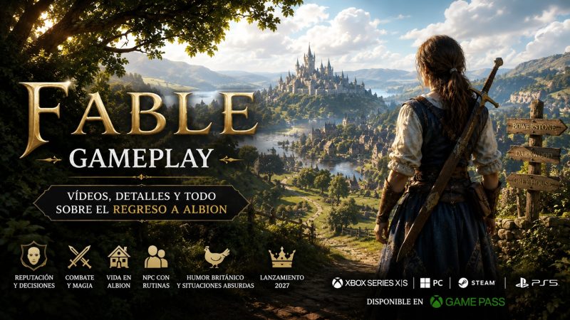 Gameplay de Fable mostrando Albion, decisiones, reputación, combate, NPC y Game Pass