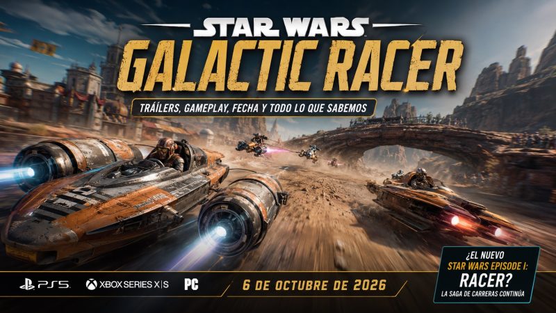 Star Wars Galactic Racer con vehículos de carreras futuristas a toda velocidad en un circuito desértico