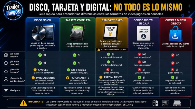 Comparativa entre disco físico tarjeta completa Game-Key Card código digital y compra digital
